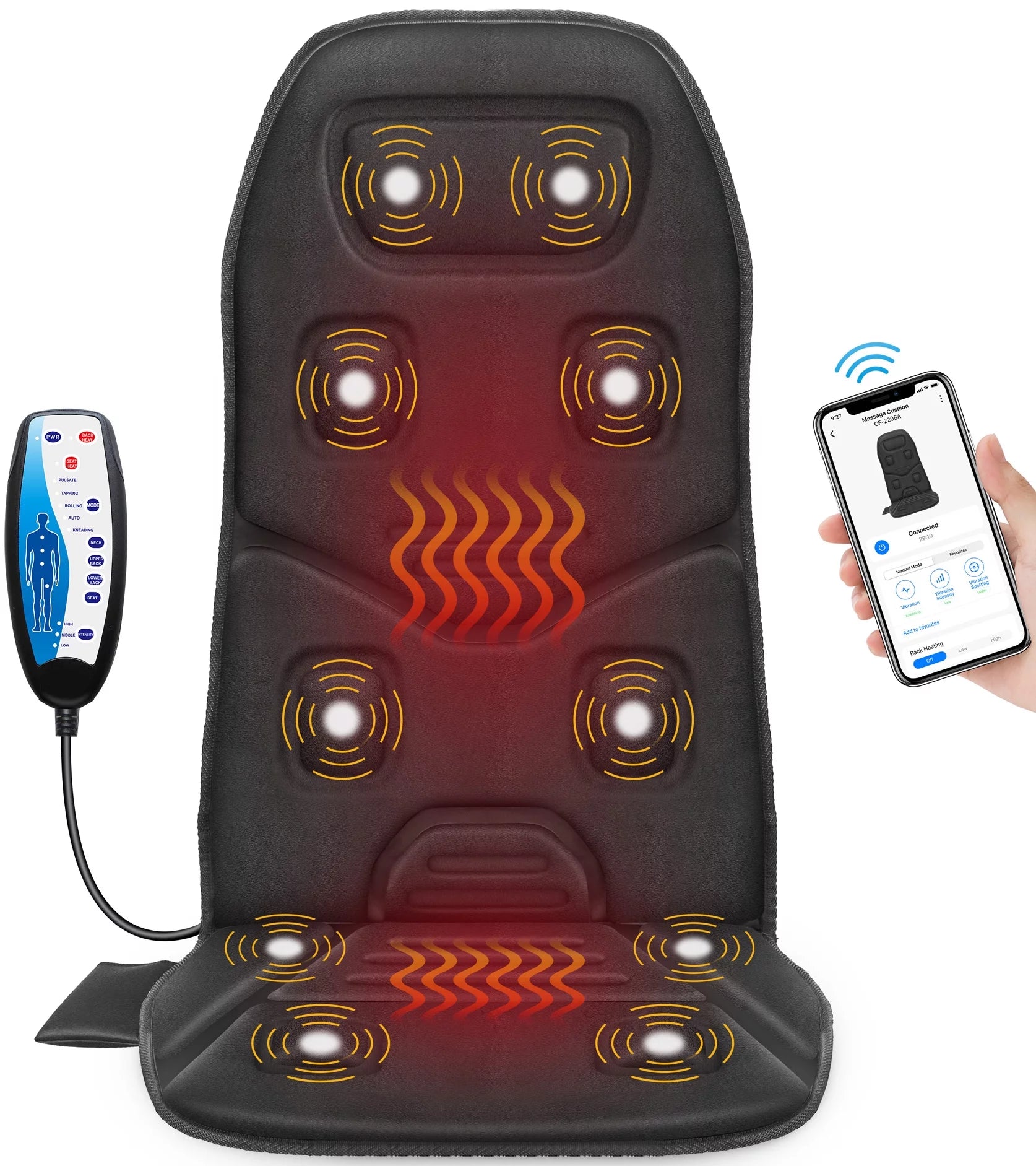 Back Massager Chair Pad Vibration Massage Seat Cushion with 3 Heat, APP Control, Black